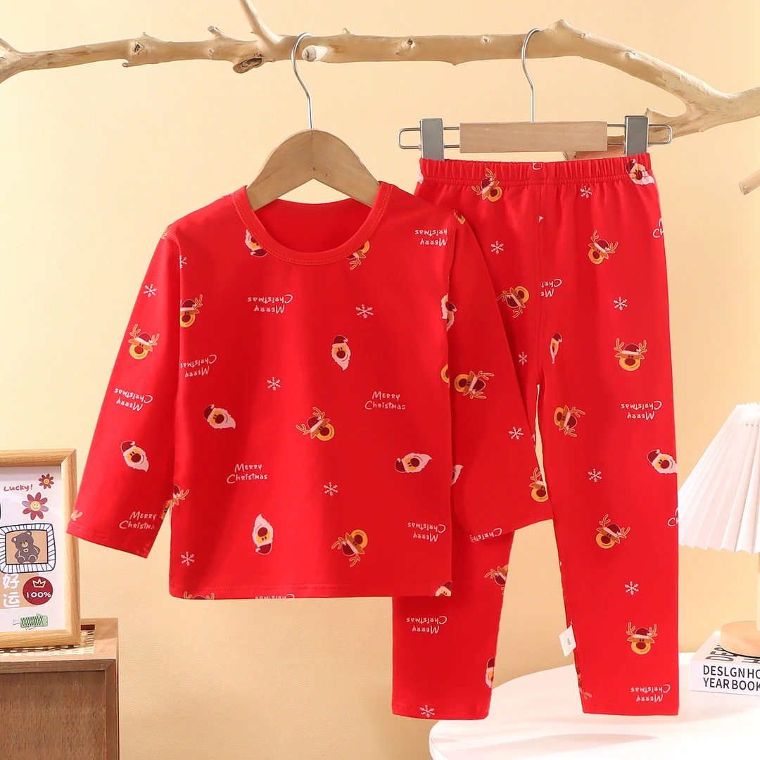 儿童拜年服套装春秋莱卡棉保暖内衣睡衣男童女童秋冬拜年服套装