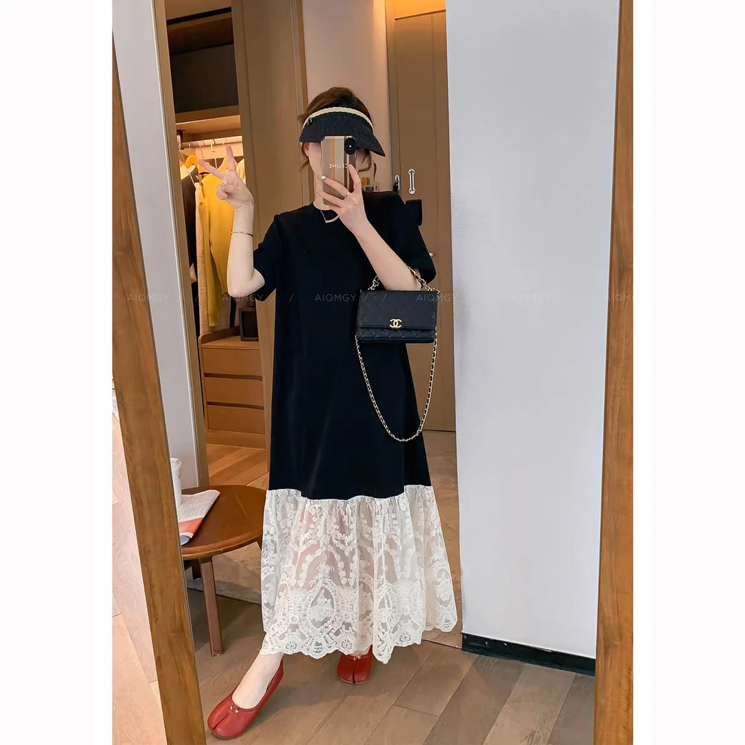 黑色显瘦圆领短袖蕾丝拼接连衣裙女2025夏季新款T恤裙长裙t恤