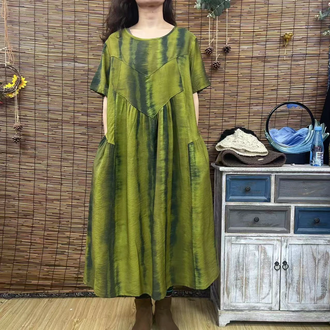 6008新款绿色倒三角显瘦时尚文艺复古长款短袖大摆连衣裙