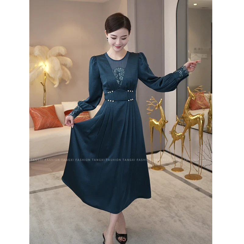 现货2025春秋新款【ZM-615】气质时尚高级感轻奢蓝色长袖连衣裙子女