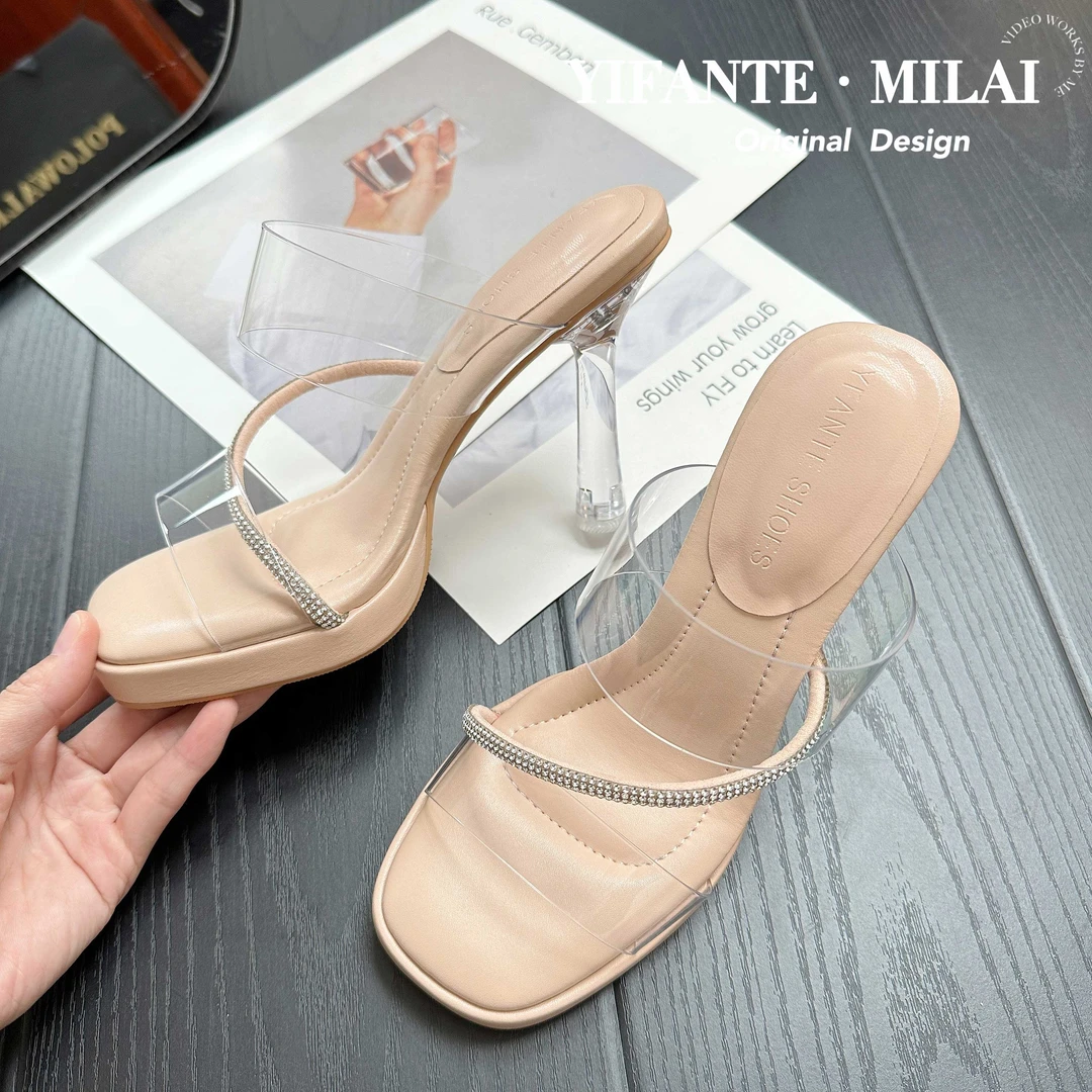 防水台踩屎感水钻透明高跟鞋女2025新款夏季细跟凉鞋水晶凉拖外穿