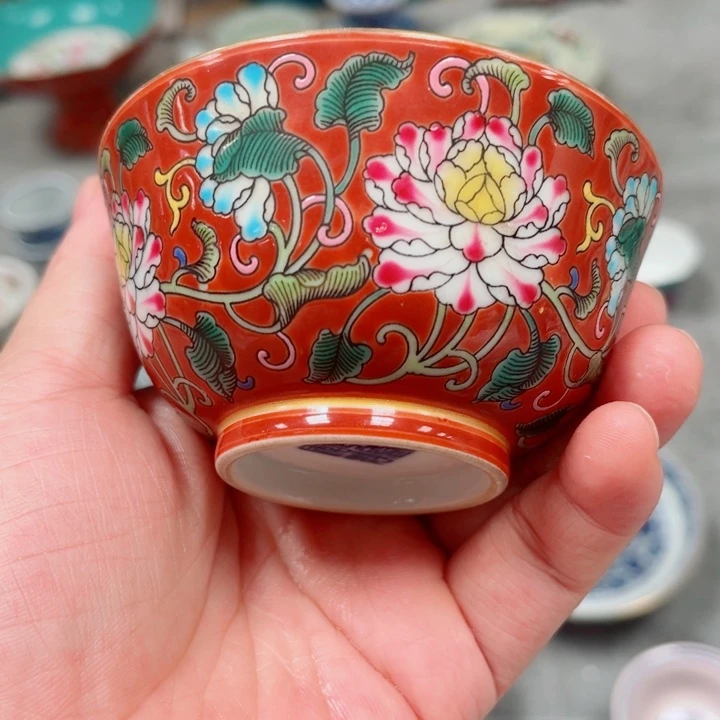 青花玲珑主人杯荷花手绘