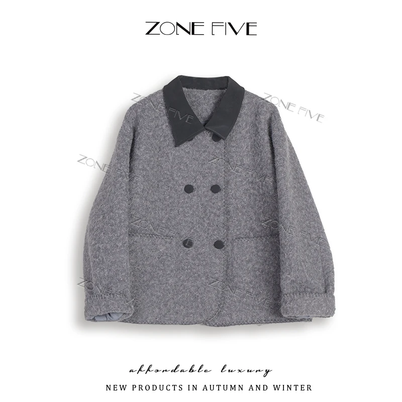 【zonefive】高端灰色韩系撞色拼接双排扣短外套