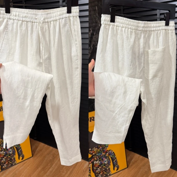 纯亚麻九分裤夏季透气宽松型休闲裤直筒欧美风