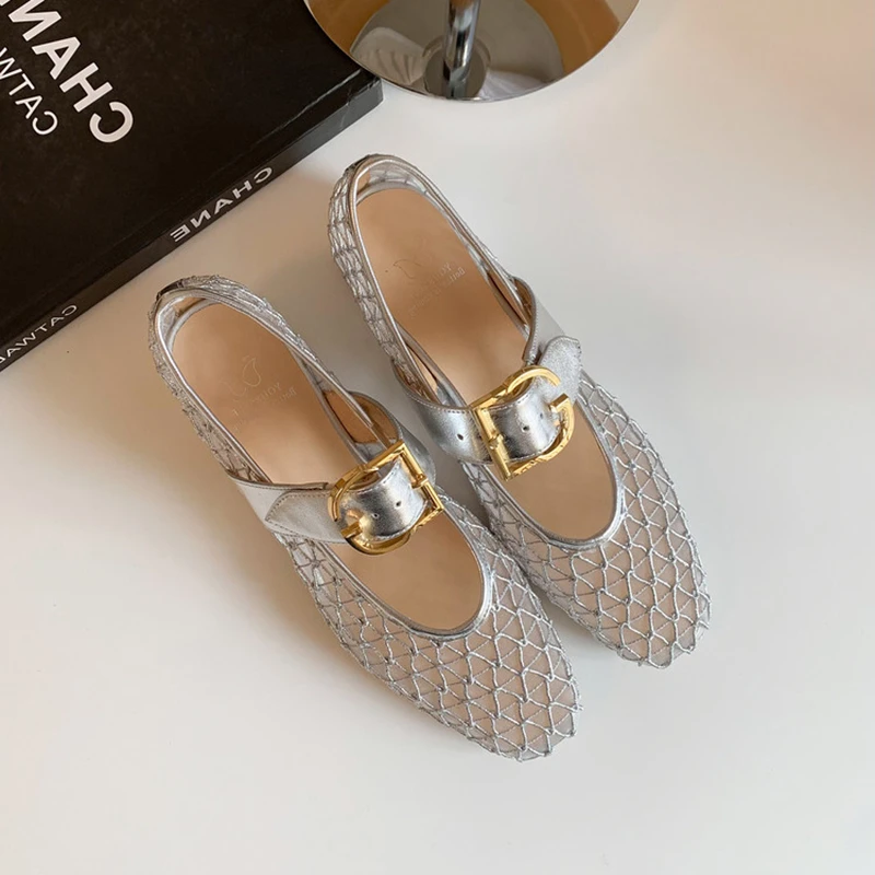 法式复古渔网镂空玛丽珍单鞋女2025年夏季新款透气一字带粗跟凉鞋