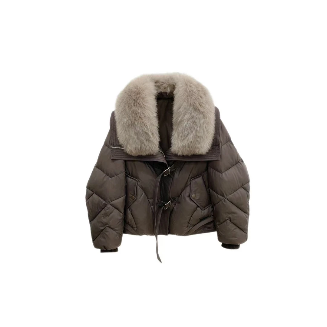 初晓2025年冬季保暖短款女装上衣外套时尚毛领 黑色 咖色 8838