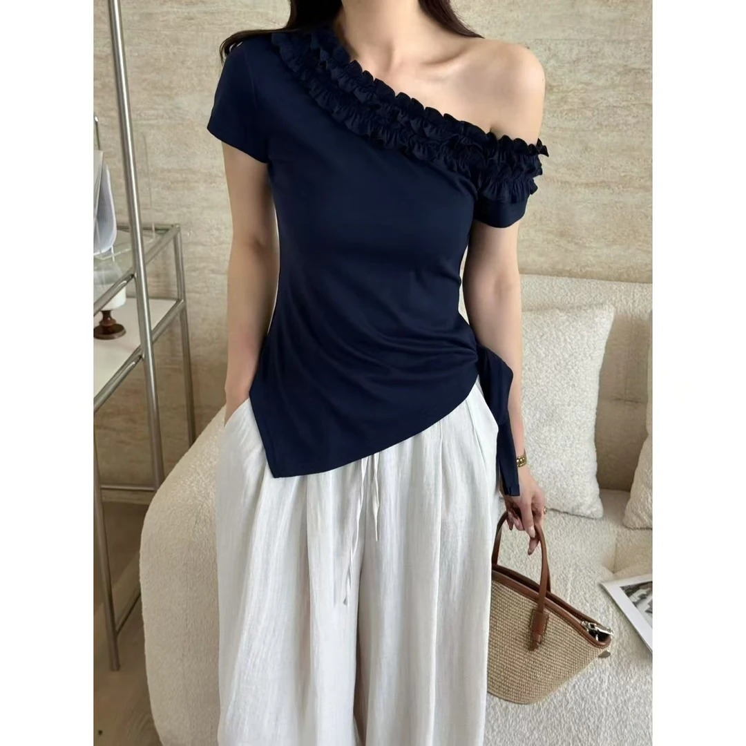 SP【烂漫贝尔】木耳边拼接斜肩短袖T恤女设计感收腰显瘦上衣