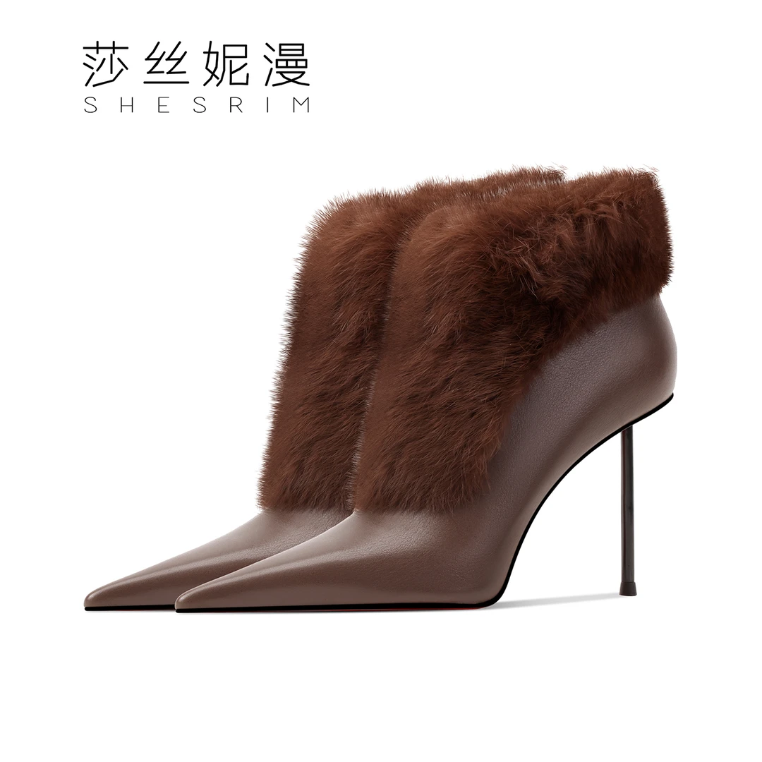 【9CM】红底设计师2025新款秋冬短靴女细跟牛女靴尖头高跟皮里/绒里
