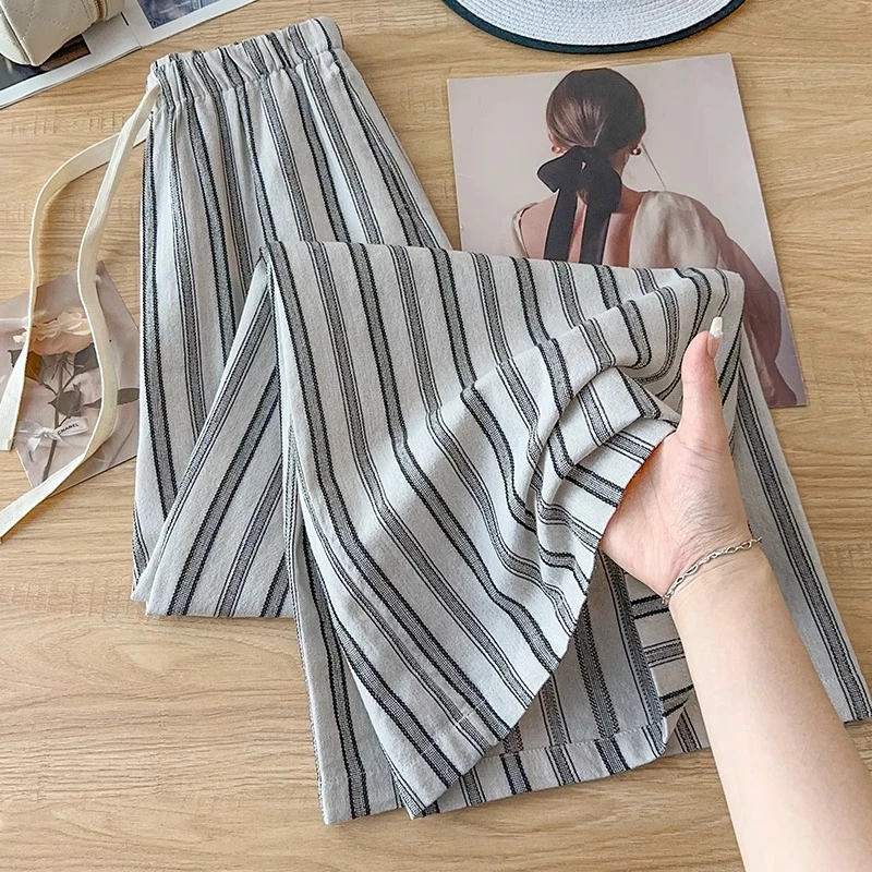 韩系复古条纹宽松休闲裤女2025新款夏季时尚洋气设计感阔腿长裤子