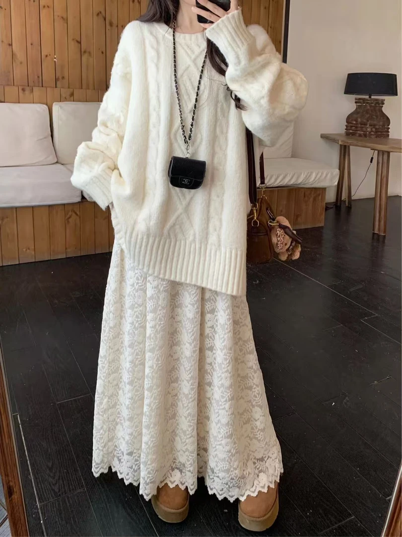 大码胖mm温柔风圆领毛衣（起球）22992蕾丝半身裙522992套装