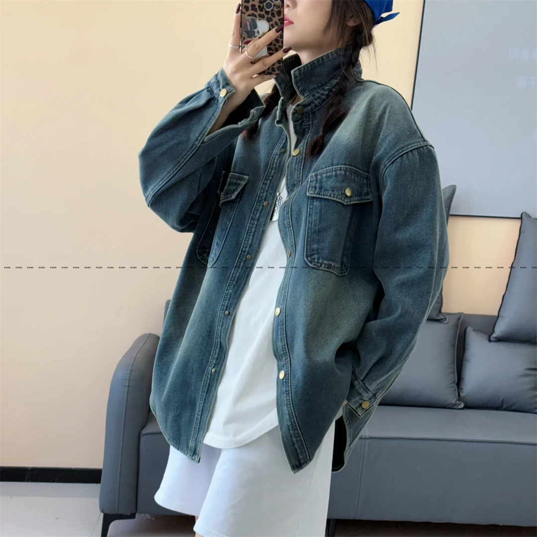 2025新款美式复古开衫长袖上衣加绒口袋设计感水洗渐变牛仔外套女
