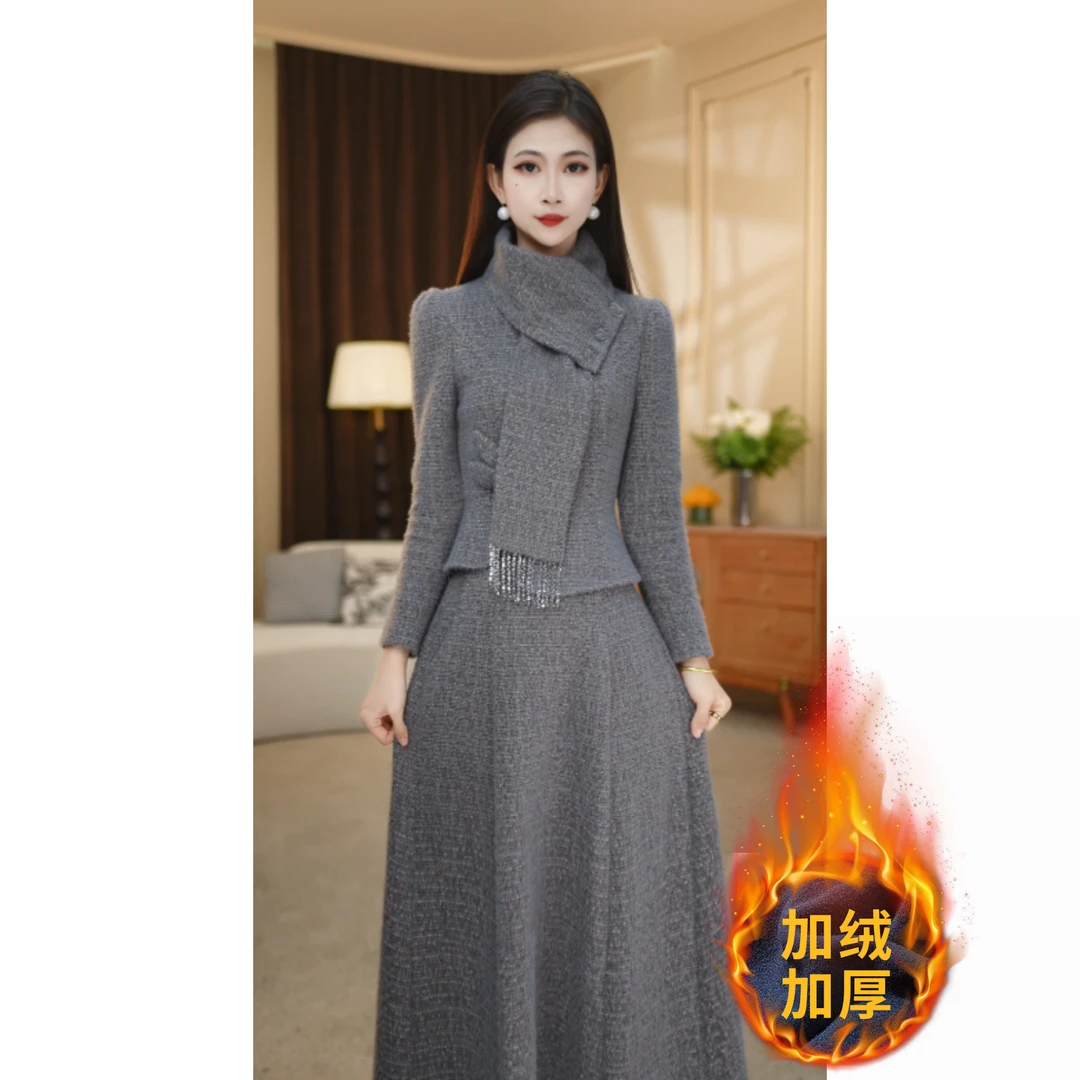 【赛菲雅】两件套冬季新款围巾领显瘦修身通套裙M-4XL