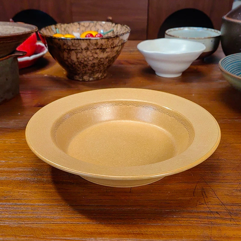 「秋砂圆深盘|手工粗陶复古家用点心盘」