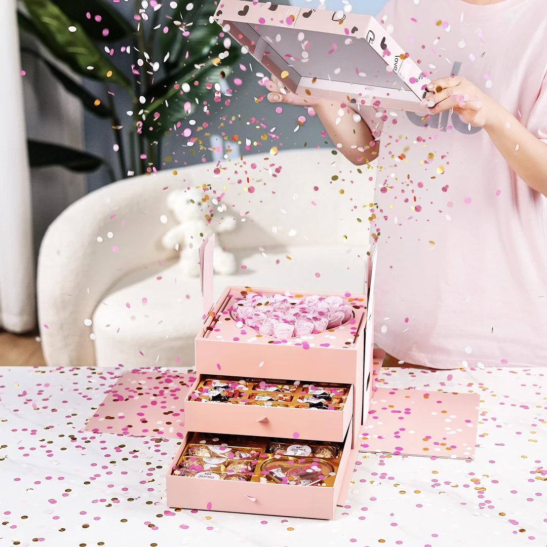 生日纪念日礼物 开盖礼花绽放惊喜礼盒，永生花香皂花巧克力礼盒