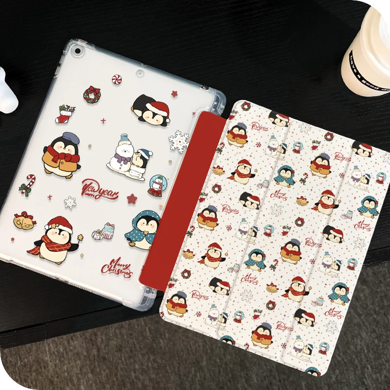 【三折式雪人小企鹅】硅胶适用苹果air6平板保护套ipad华为笔槽软壳