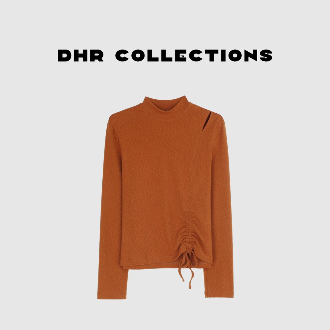 豆豆9【抽绳系带】显瘦长袖T恤半高领时尚百搭纯色打底上衣-DQ1730