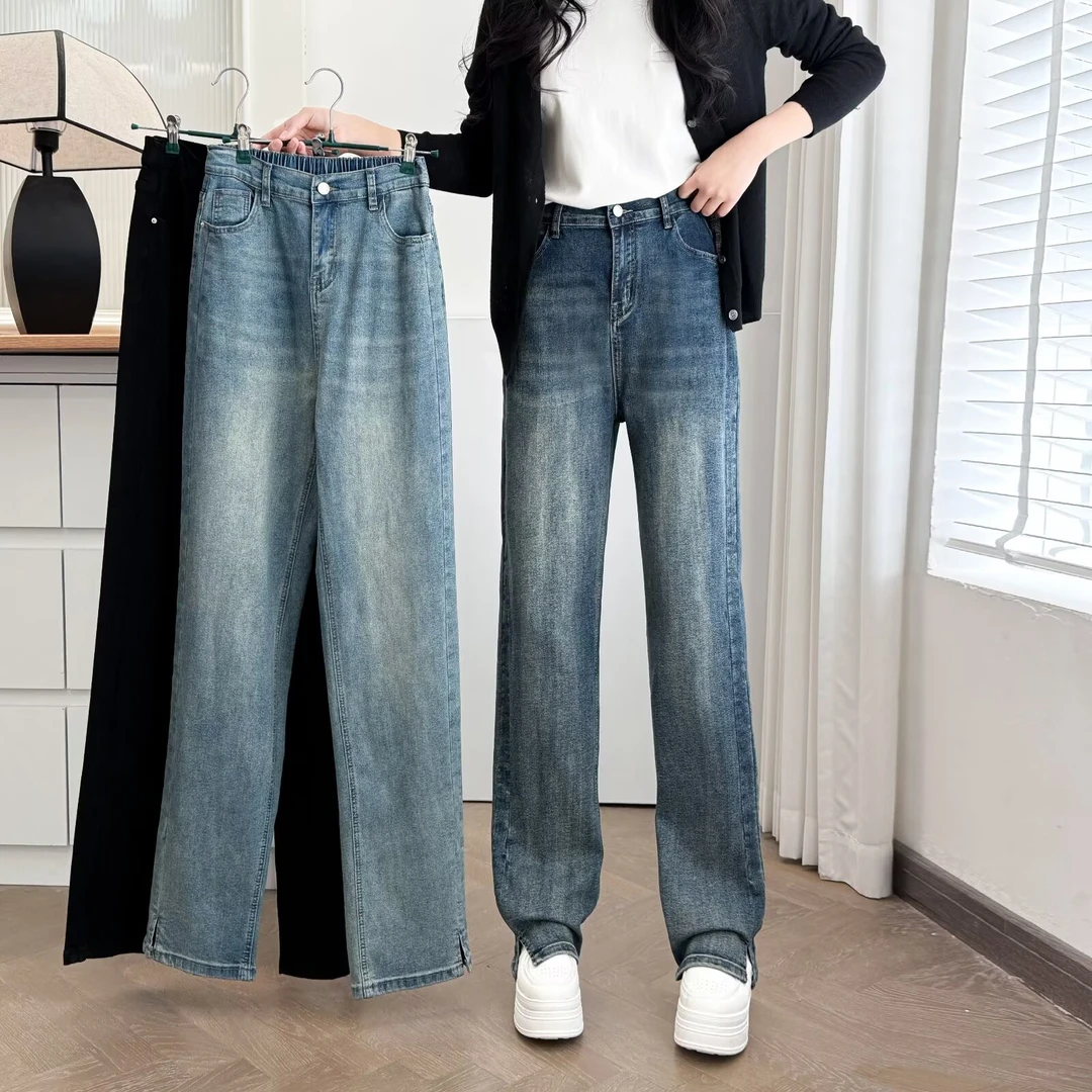 大码女装2025春装新款高腰弹力显瘦裤脚开衩牛仔裤直筒裤女士长裤