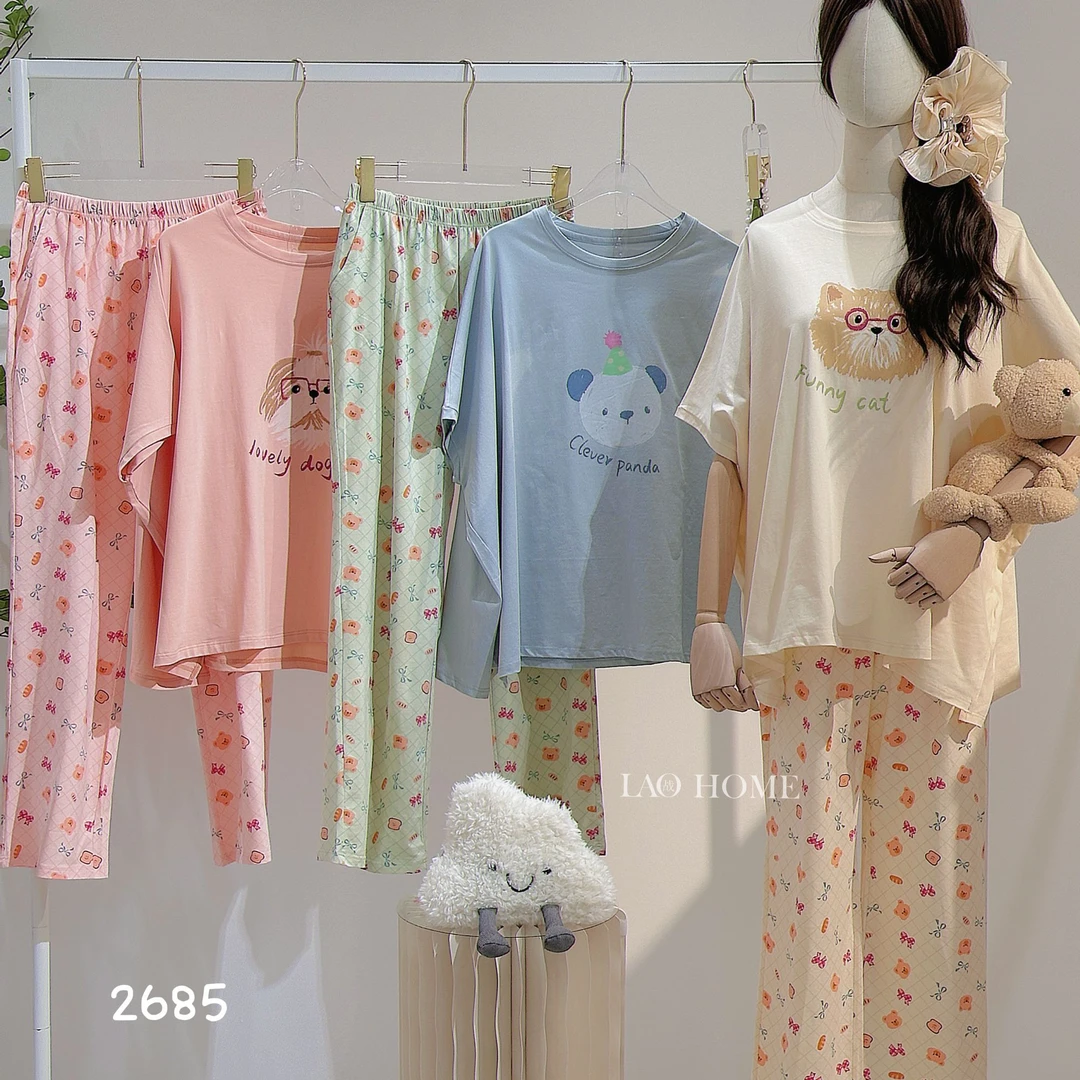 2685睡衣女夏季短袖花边长裤家居服套装甜美可爱学生装春秋