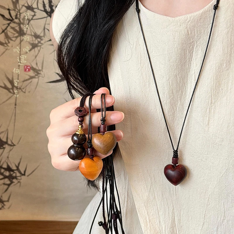 非金属布艺项链 爱心葫芦木质长款项链女可打开复古民族风锁骨链