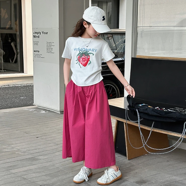 女童夏季显瘦高腰时尚套装休闲百搭阔腿印花宽松设计感T恤活力款