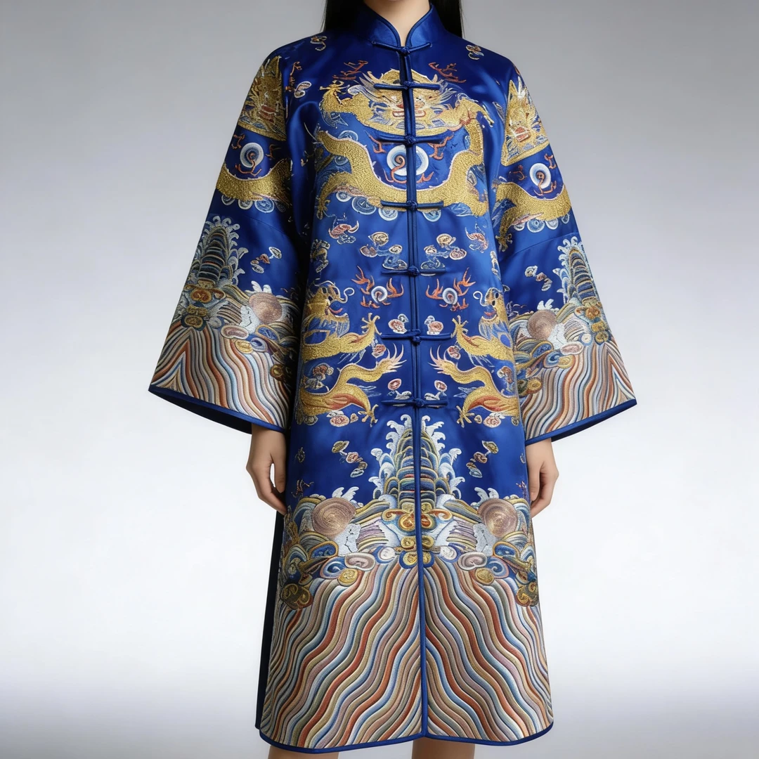 岚盈栖新款重工精工刺绣桑蚕丝对开长袍外套6095中式