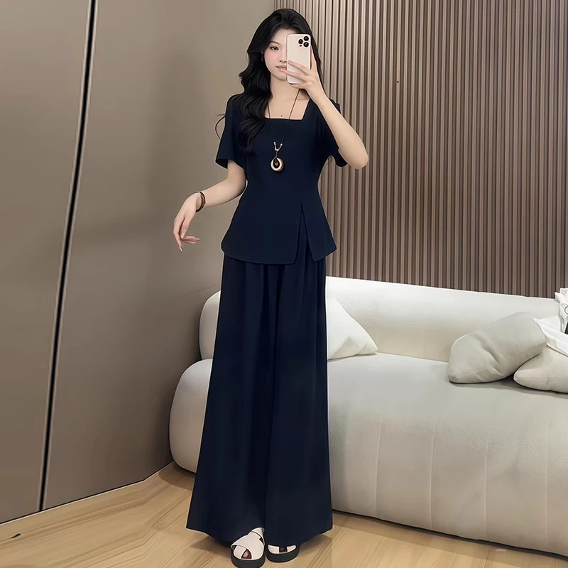 大码时尚气质套装女胖mm夏季新款不规则开叉上衣阔腿裤减龄两件套