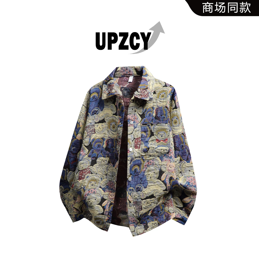 UPZCY美式高街满印小熊夹克男款春秋痞帅宽松休闲设计高级感外套