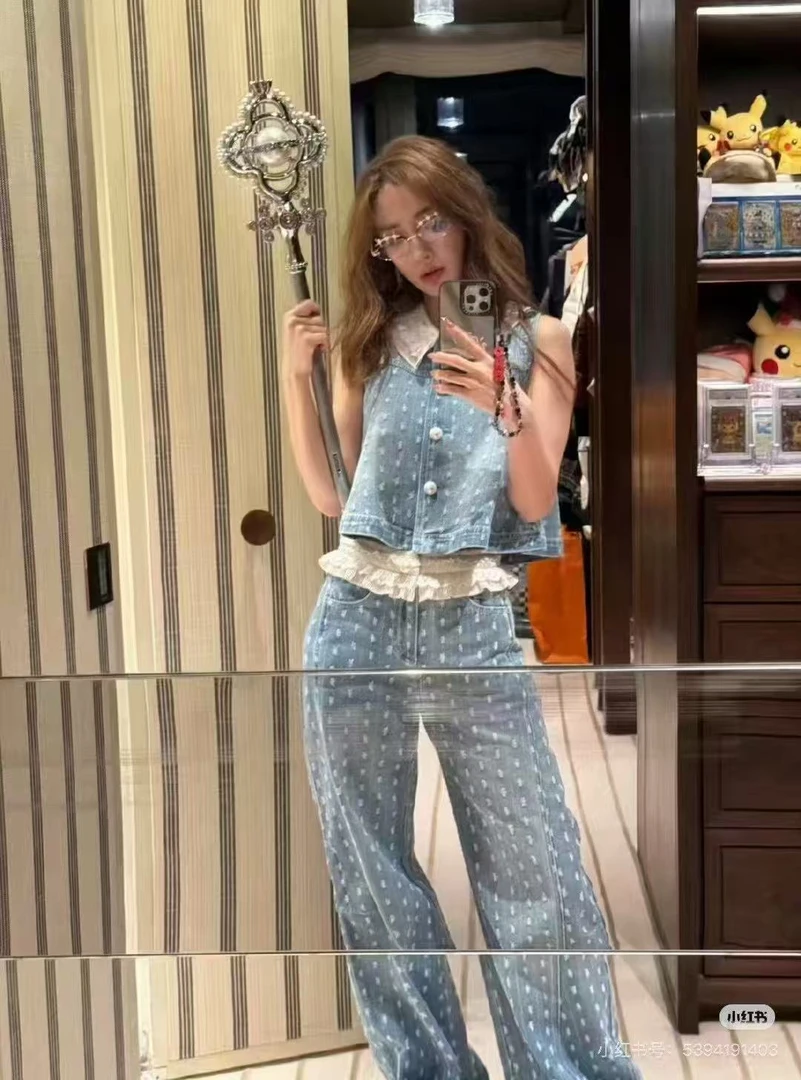 LIULIU 浪漫春夏氛围感蕾丝花边牛仔马甲阔腿裤套装2025春新款