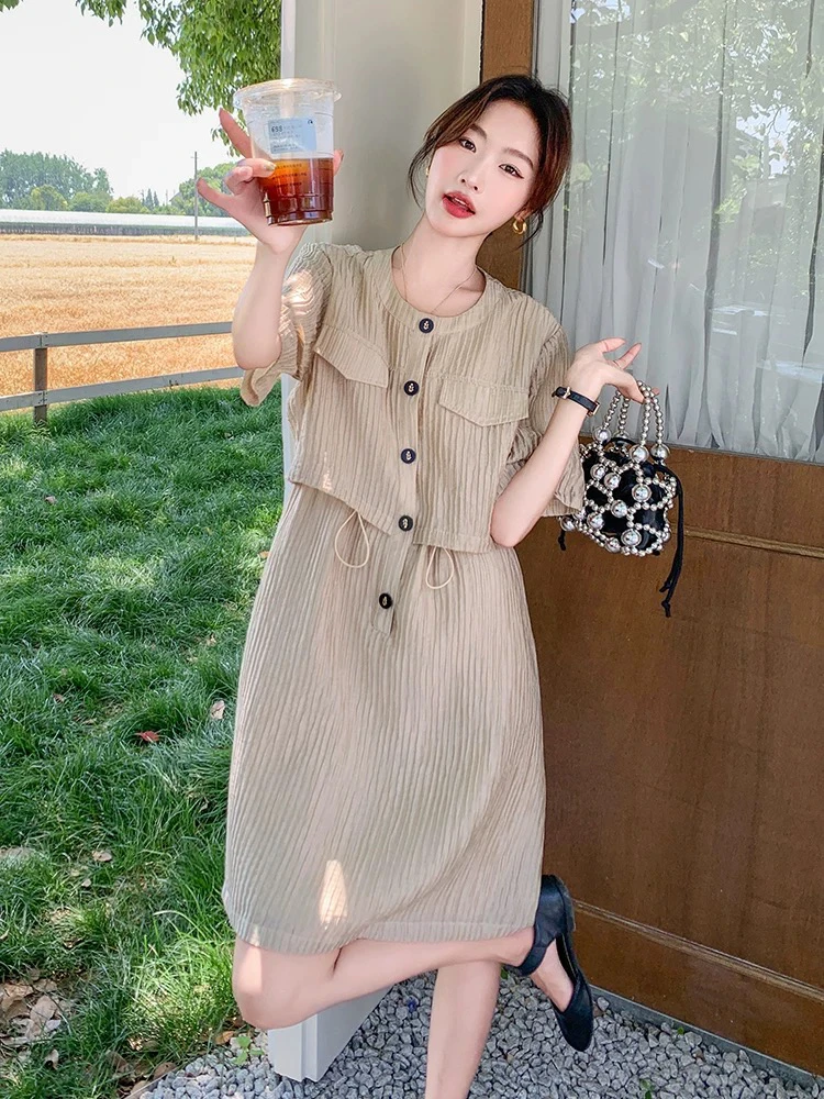 CG6201高端精致气质假两件褶皱肌理感连衣裙子宽松流行漂亮女夏季