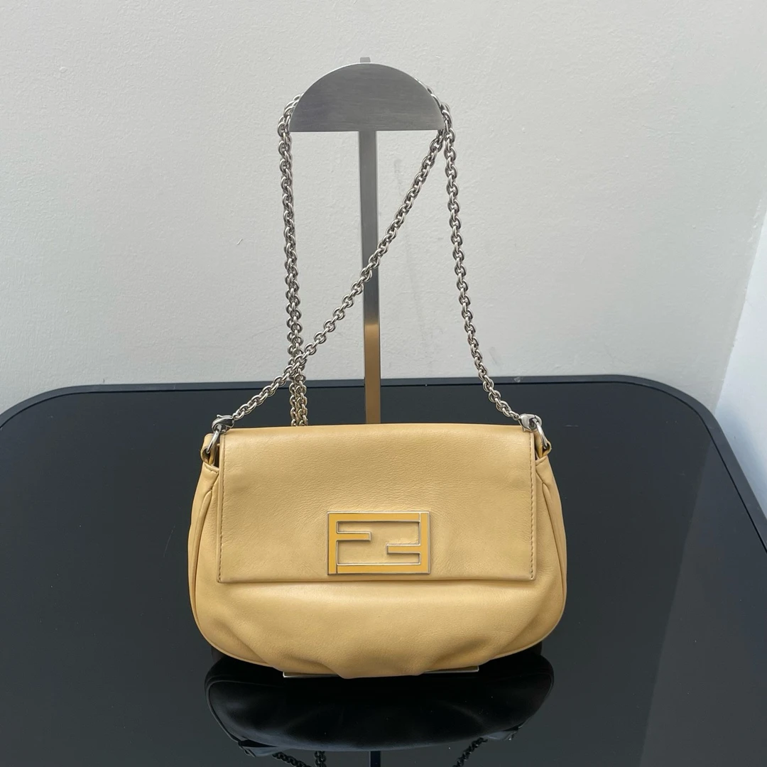 95新 FENDI/芬迪 Fendi黄色双f链条饺子包单肩包