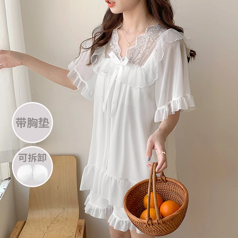 春夏V领蕾丝网纱短袖睡衣女公主风胸垫可拆卸可外穿家居服
