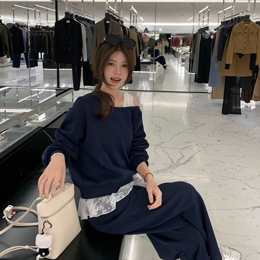 卫衣棉睡衣女春秋蕾丝拼接斜肩假两件卫衣休闲裤套装家居服可外穿