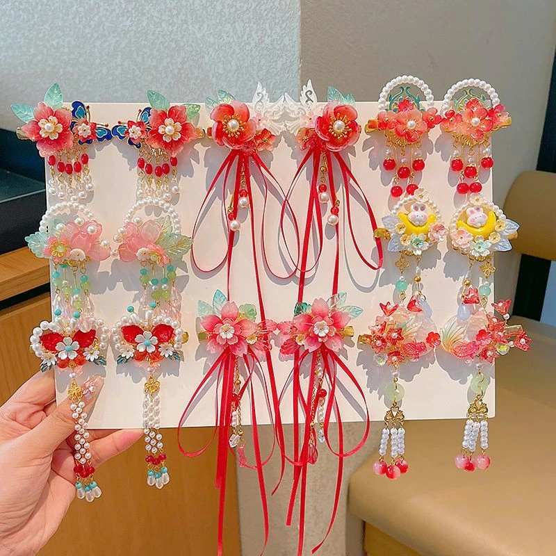 女童中国风飘带古风发饰儿童汉服流苏步摇发卡红色喜庆发夹头饰女