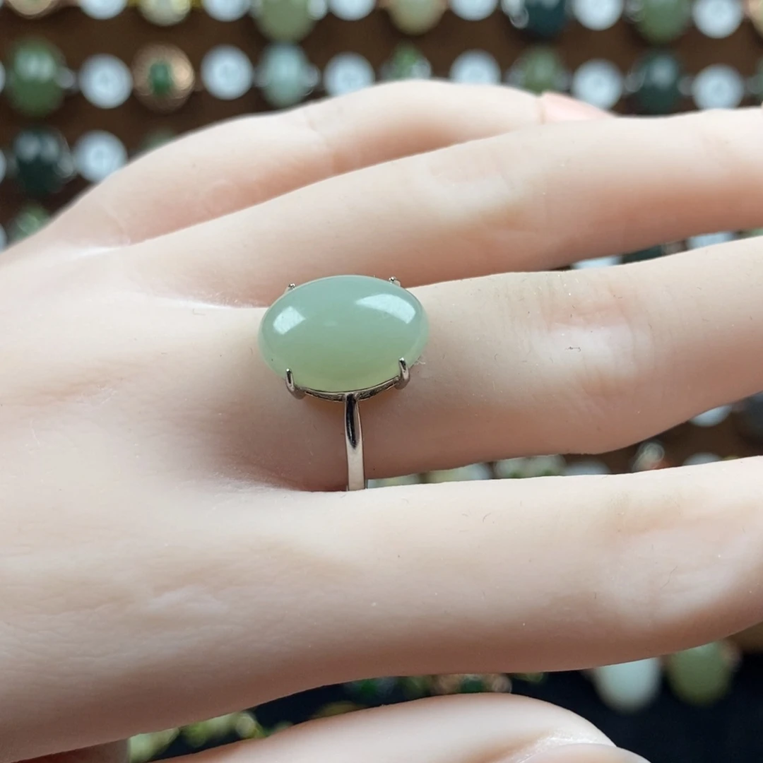 和田玉（青白玉）戒指银S925镀金镶嵌