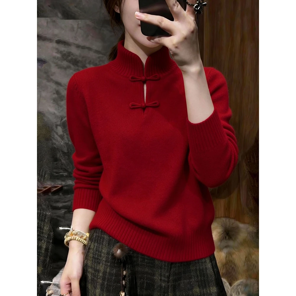 秋冬高级感chic别致漂亮超好看阔太太洋气新中式国风红色针织衫女
