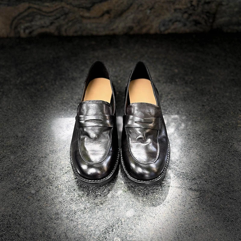 高档水系马皮乐福鞋女一脚蹬擦色英伦风平底手工小皮鞋复古单鞋潮