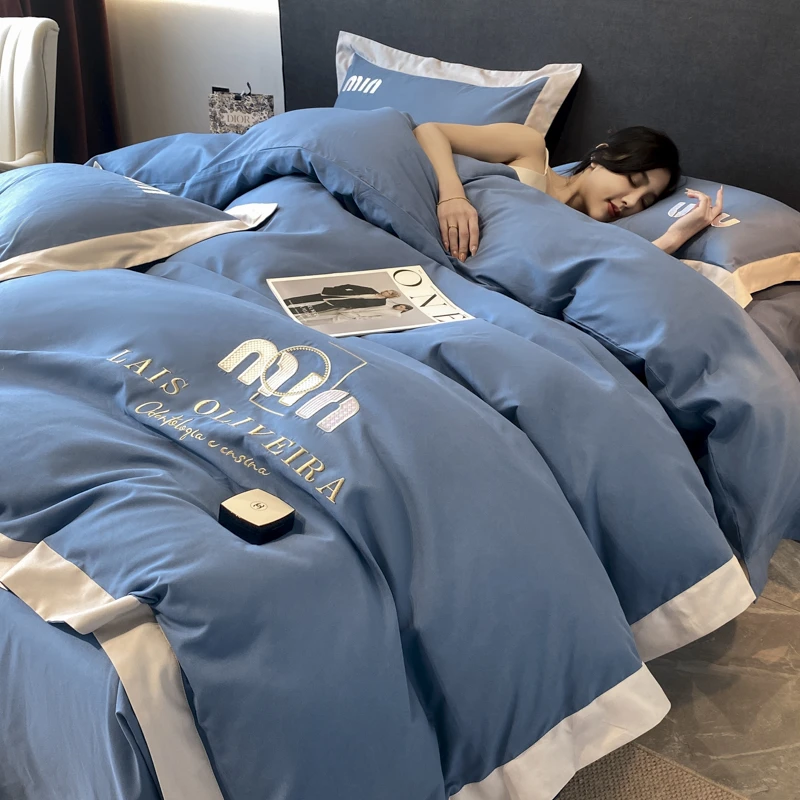 高档纯棉四件套全棉磨毛床单刺绣被套四季通用简约纯色床上用品4