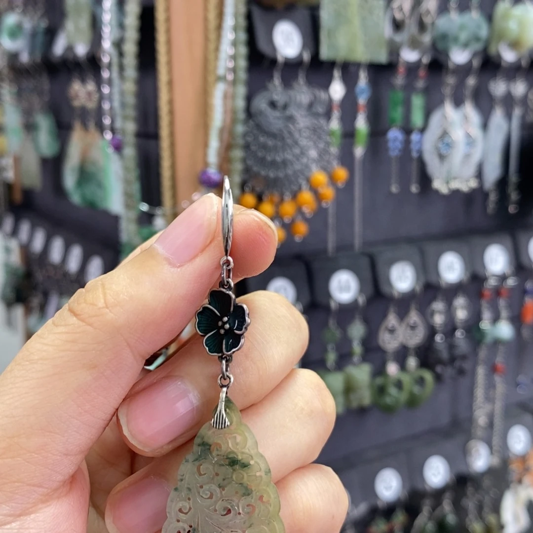 小***甘翡翠银S925镶嵌耳饰X47