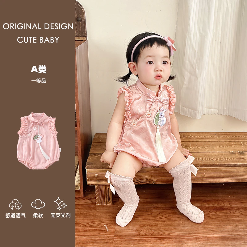 婴儿夏款连体衣女宝宝夏季包屁衣幼儿中式新款礼服国风玉兔三角爬