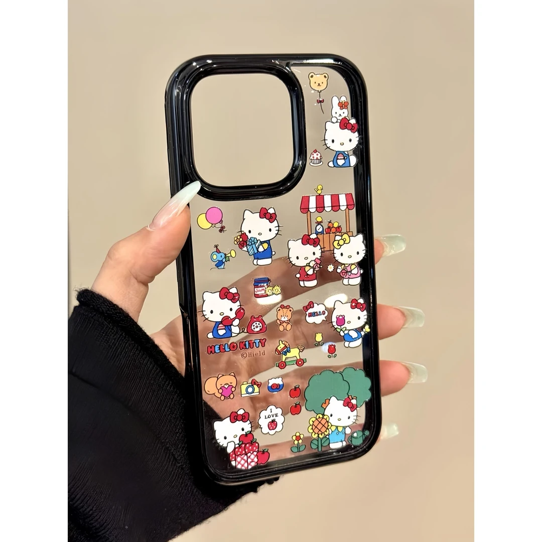 苹果鲜花凯蒂猫适用苹果16promax手机壳15plus可爱14plus黑边新款