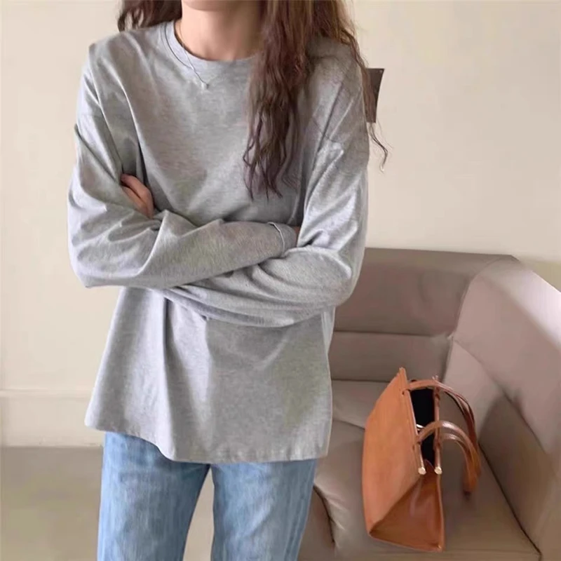 极简风ins韩范宽松叠穿圆领纯色上衣春秋基础款经典套头长袖棉T恤