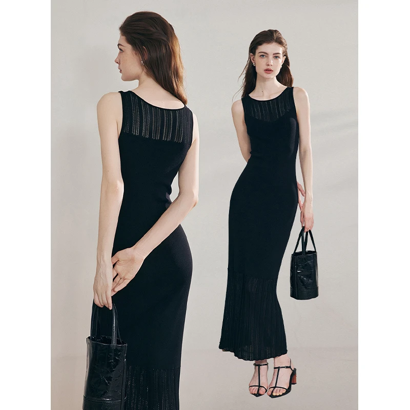 Mix Selection｜小夜曲 黑色镂空网纱拼接修身背心连衣裙MSAJQ0110