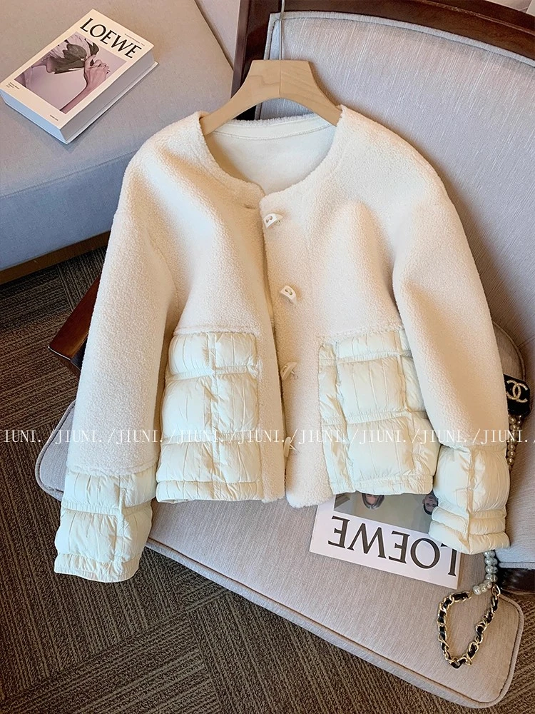 法式小香风拼接棉衣女装冬季2025新款复古圆领保暖百搭棉服外套