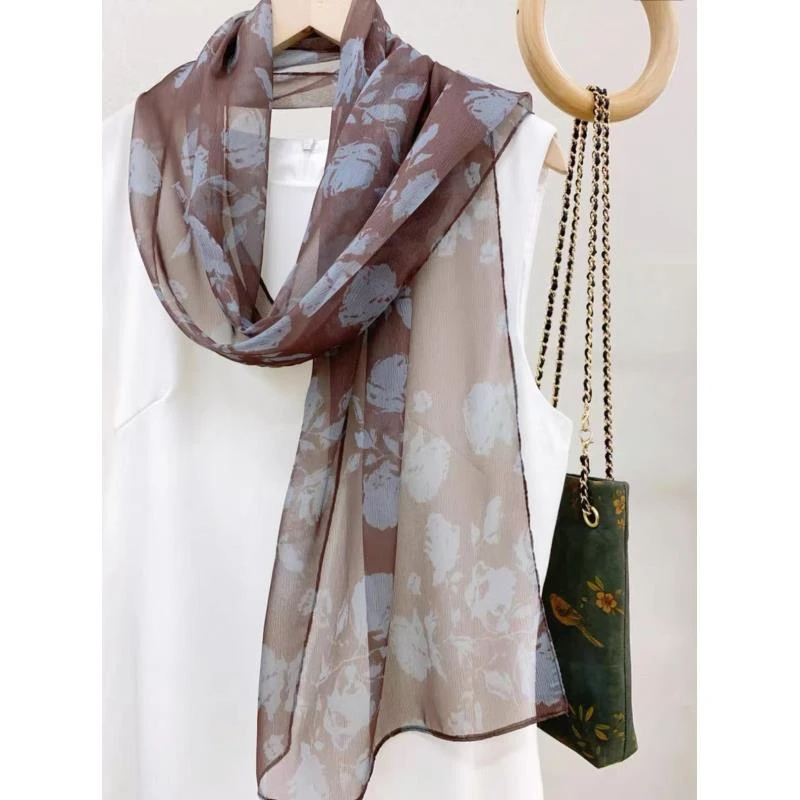 989 法式不掉色极简风不起球韩版丝巾时尚花色女士休闲灰色棕色