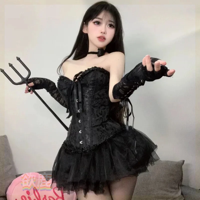 恶魔大人芭蕾天鹅纯欲束腰修身蕾丝马甲胸衣性感欲风爆辣情侣制服