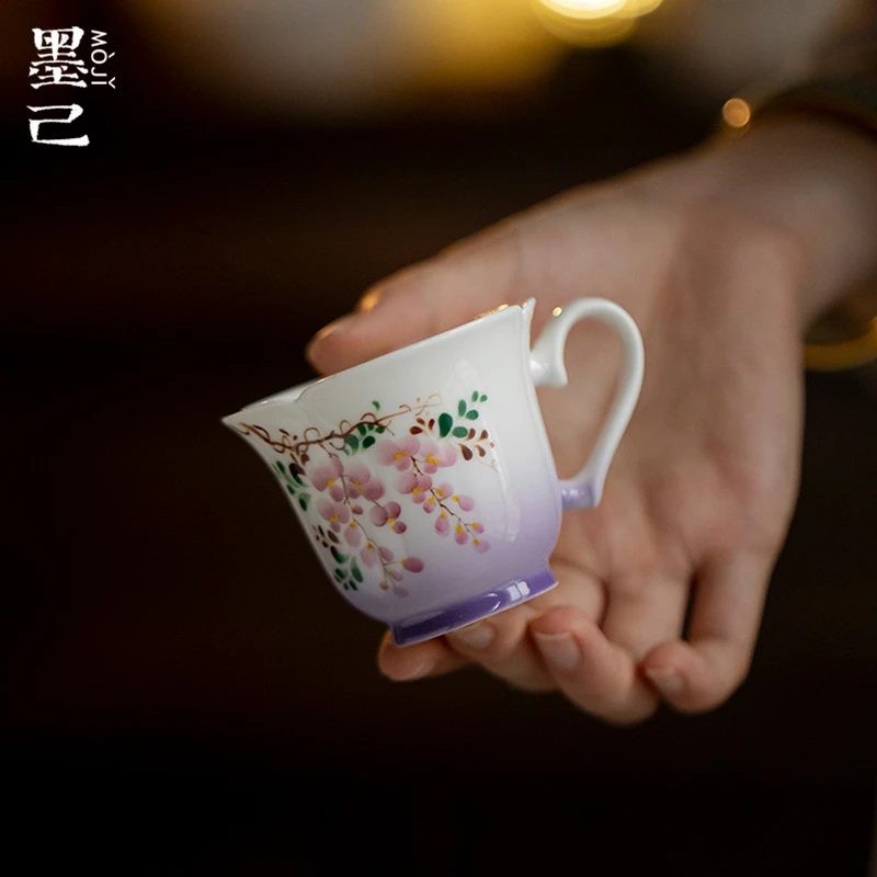 墨己紫藤花口提耳茶杯功夫茶具家用下午茶品茗杯功夫茶具杯子