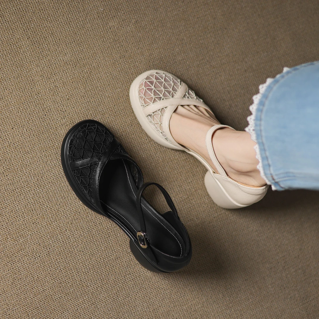 8cm/羊皮/爆款蕾丝网面软底夏季百搭时尚粗跟复古凉鞋女