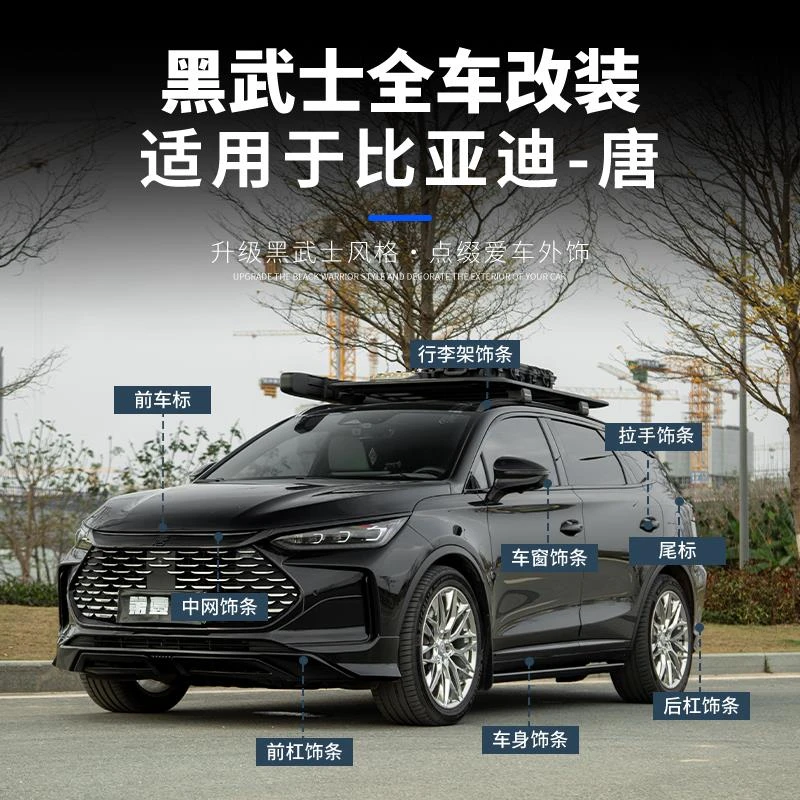 21-25款比亚迪唐黑武士套件改装 车窗饰条行李架中网车标全车黑化