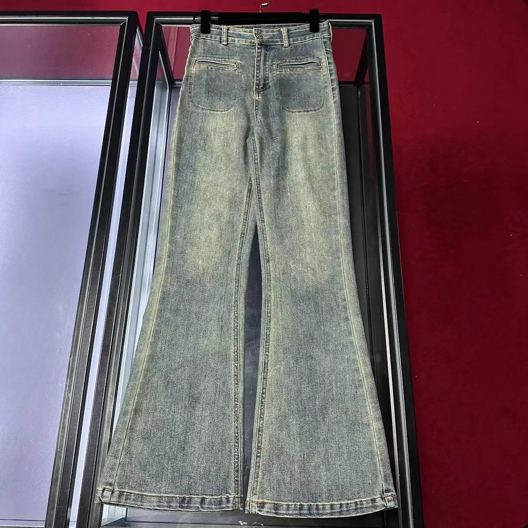 F081时尚百搭开叉微喇牛仔裤显瘦蓝色休闲水洗水洗