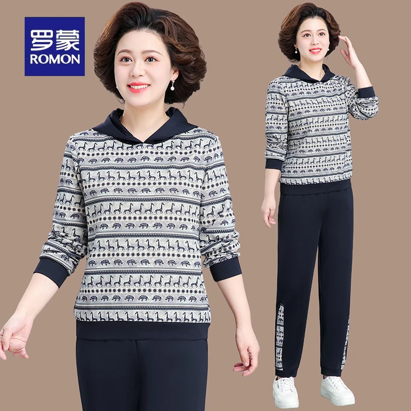 罗蒙妈妈运动服套装女春秋2025新款中老年女装秋装休闲卫衣两件套